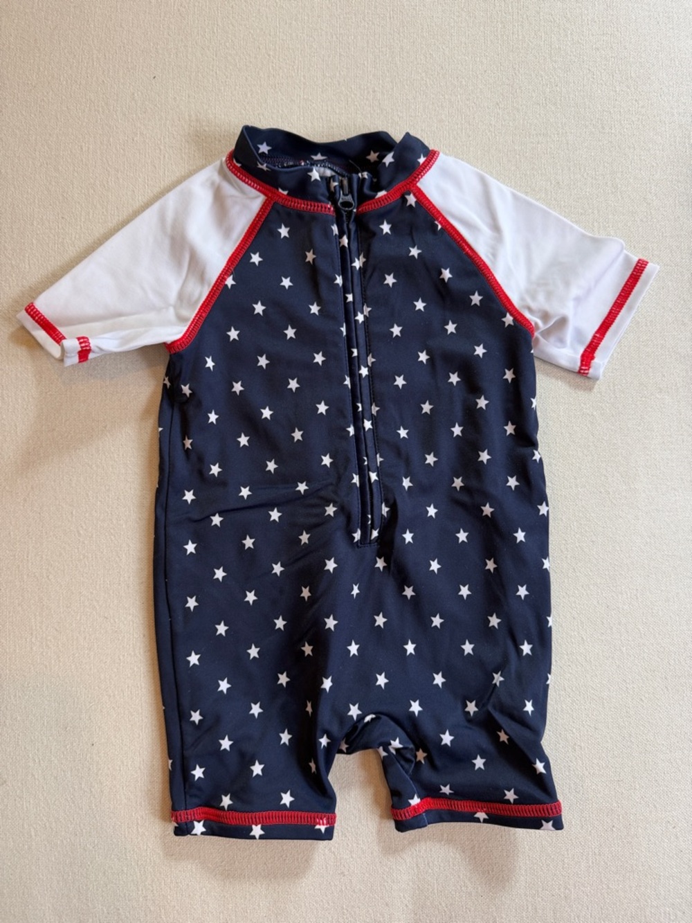 JANIE and JACK Navy Star Short Sleeve Baby Swim Romper with White Sleeves